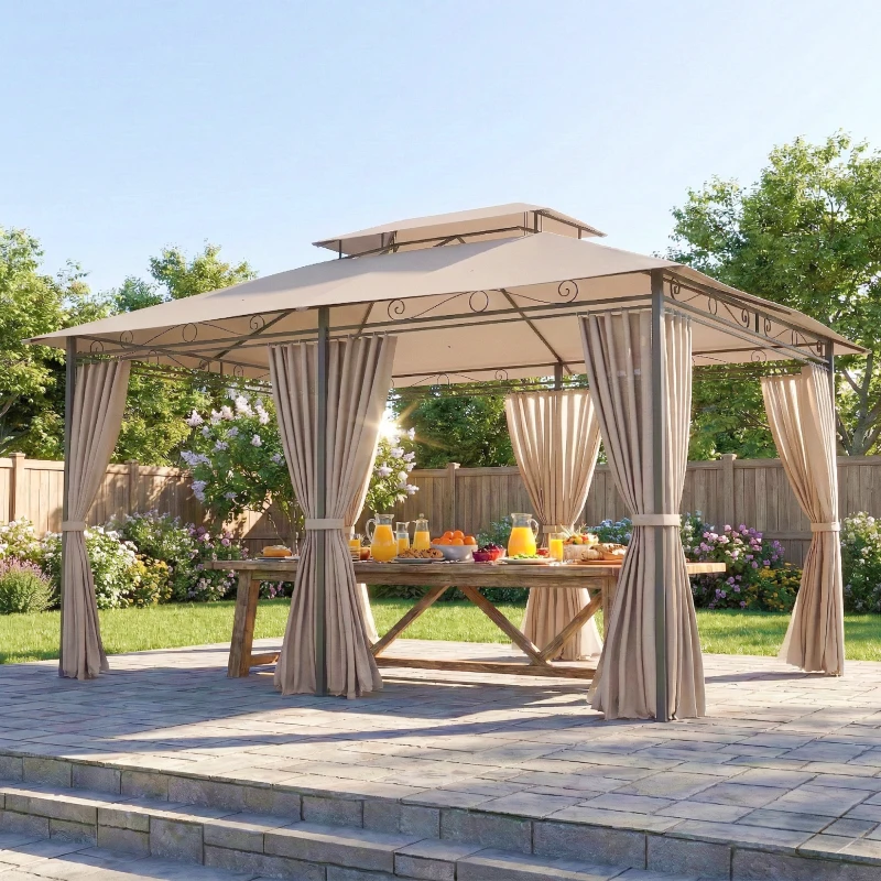 Outsunny Cenador para Jardín 3x4 m Pabellón de Jardín Gazebo con Doble Techo 6 Paredes Laterales Estructura Metálica Caqui