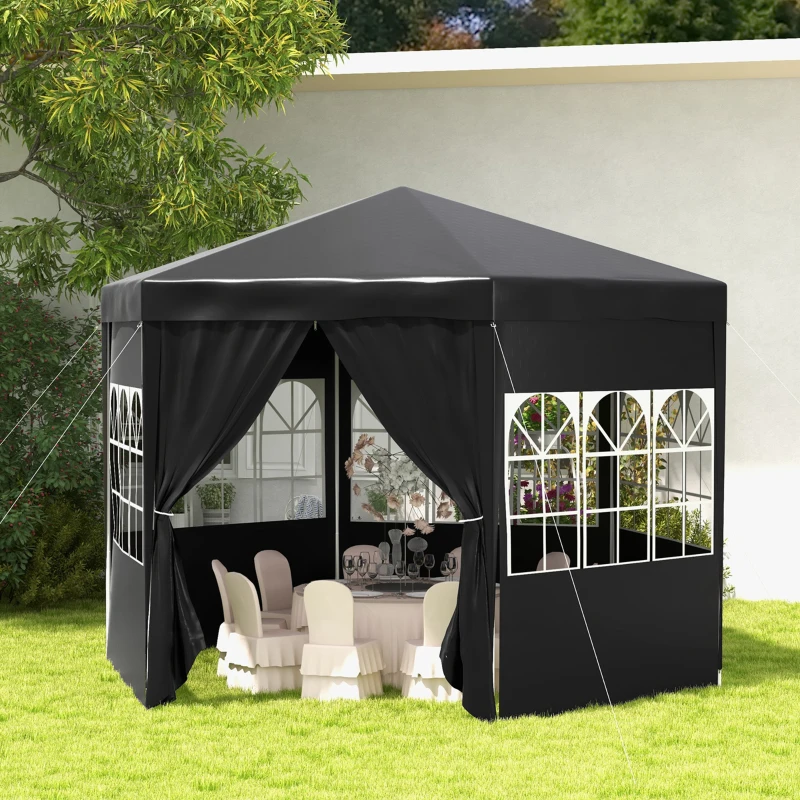 Outsunny 4m Hexagonal Gazebo Canopy Party Tent, Includes 6 Removable Side Walls for Outdoor Events, with Windows and Doors, Black(m-20)