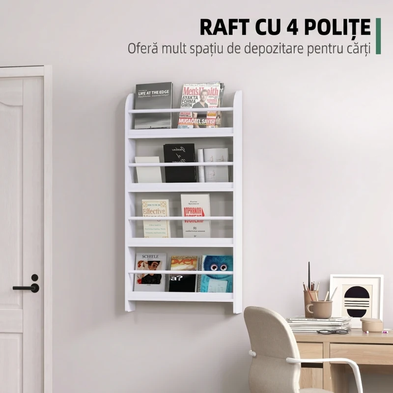 HOMCOM Etajeră de Perete cu 4 Rafturi, Librărie Suspendată din Lemn pentru Cărți, Raft Organizator Subțire, Alb, 59x12x113cm(m-5)