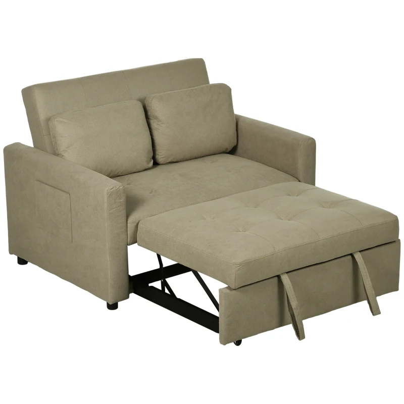 HOMCOM Loveseat Sofa Bed, Convertible Bed Settee with 2 Pillows, Side Pockets, Light Brown