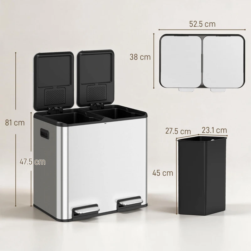 HOMCOM 2 x 20L Double Kitchen Bin, Stainless Steel Pedal Rubbish Bin with Dual Compartments, Soft Close Lids, Silver Tone