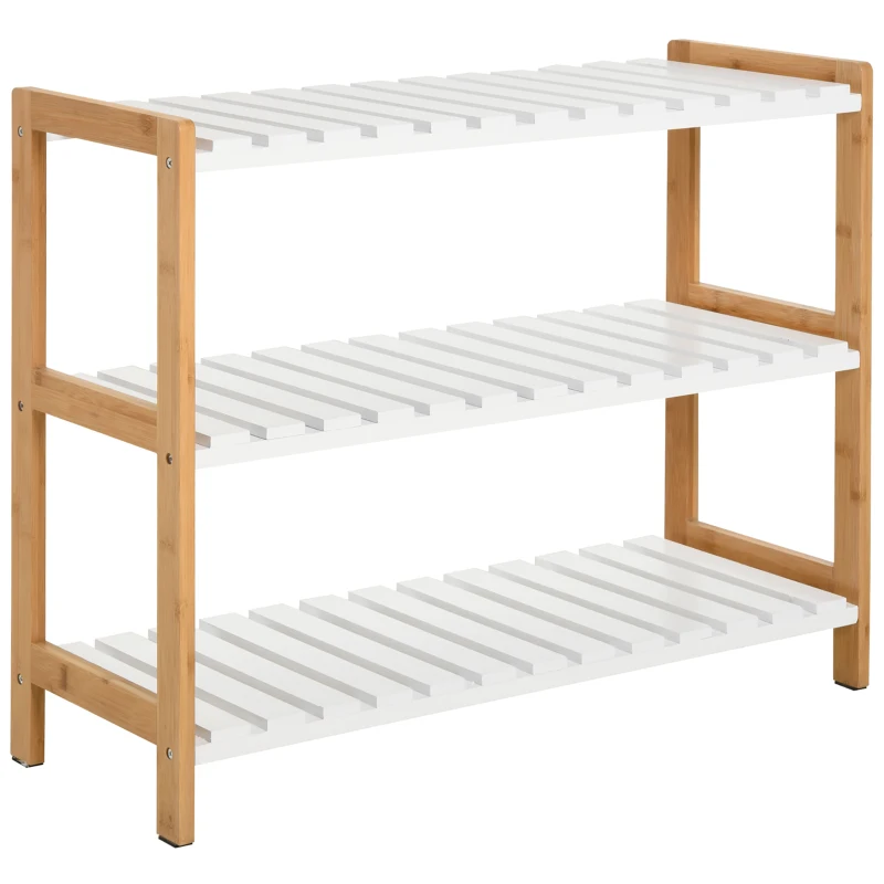 HOMCOM Étagère à chaussures à 3 niveaux, porte-chaussures en bois de pin avec 3 étagères à lattes, pour salon, entrée, 70 x 26 x 57,5 cm, blanc et effet bois naturel