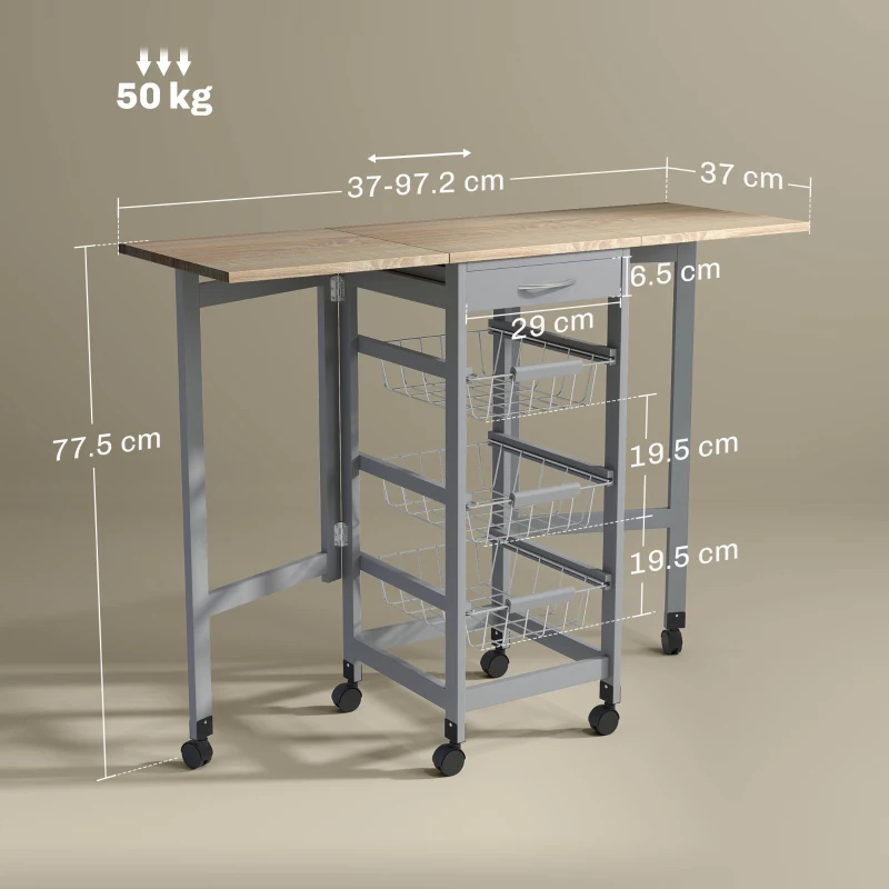 HOMCOM Carucior de bucătărie cu 3 coșuri, sertar și 2 extensii, din lemn și metal, 37x37x77.5 cm, gri și stejar