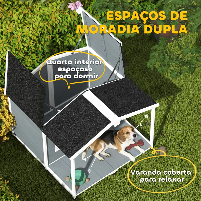 PawHut Casota para Cães Resistente às Intempéries Elevada em Madeira com Telhado de Betume Terraço para Cães de Porte Médio 103x107x83,5 cm Cinza