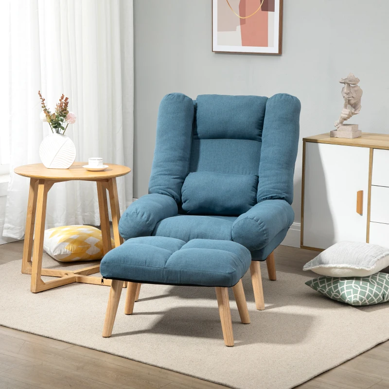 HOMCOM Recliner Chair with Footstool, Recliner Armchair with Adjustable Backrest, Thick Cushion and Wooden Legs, Blue