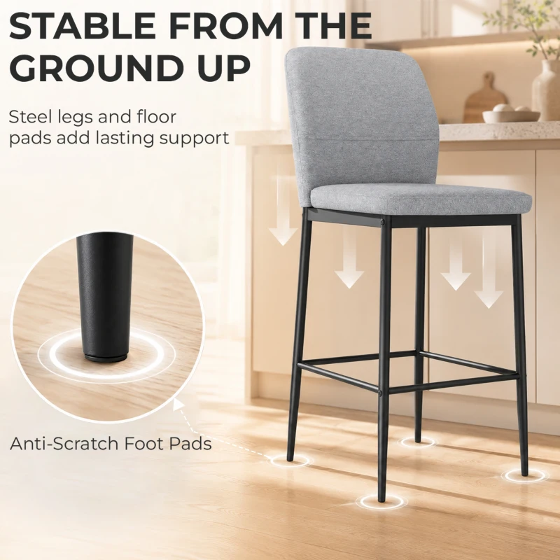 HOMCOM Modern Tall Chairs, Set of 2 Velvet Bar Stools with Footrest and Backrest, Kitchen & Living Room Stools, Grey
