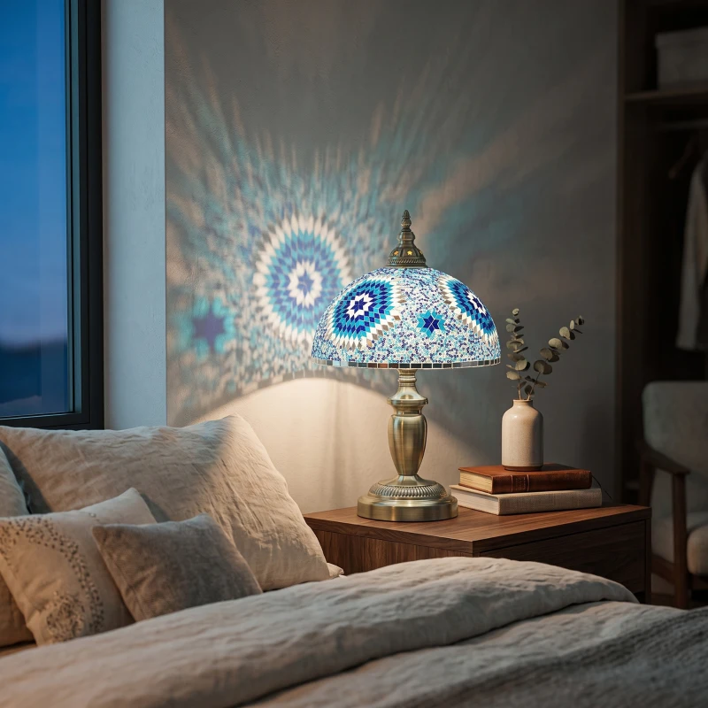 HOMCOM Tiffany Lamp, Stained Glass Bedside Table Lamp with Button Switch and Metal Base, 12 x 12 x 20 Inches, Blue