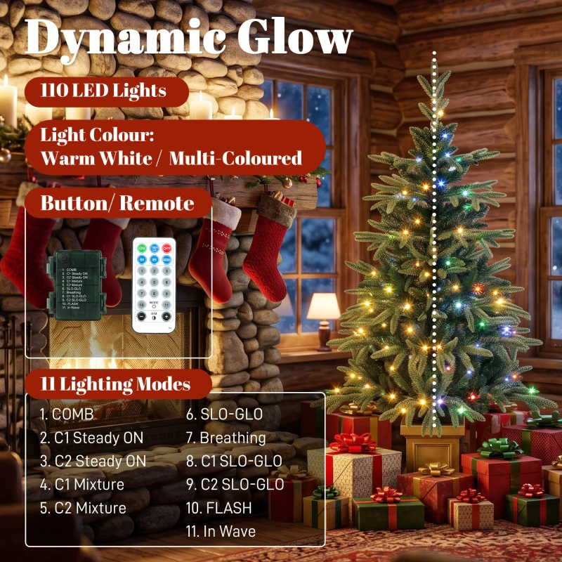 HOMCOM Set of 2 Prelit Christmas Trees with Dual-Colour LEDs, Remote, 4ft Artificial Aspen Fir Battery-Operated, 11 Modes, Pot