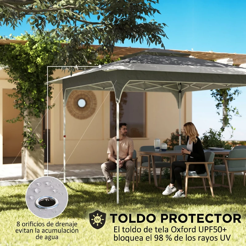 Outsunny Carpa Plegable 3,5x3,5 m Pop-up con Altura Ajustable 3 Niveles Doble Techo Cierre Central y Bolsa UPF50+ Gris
