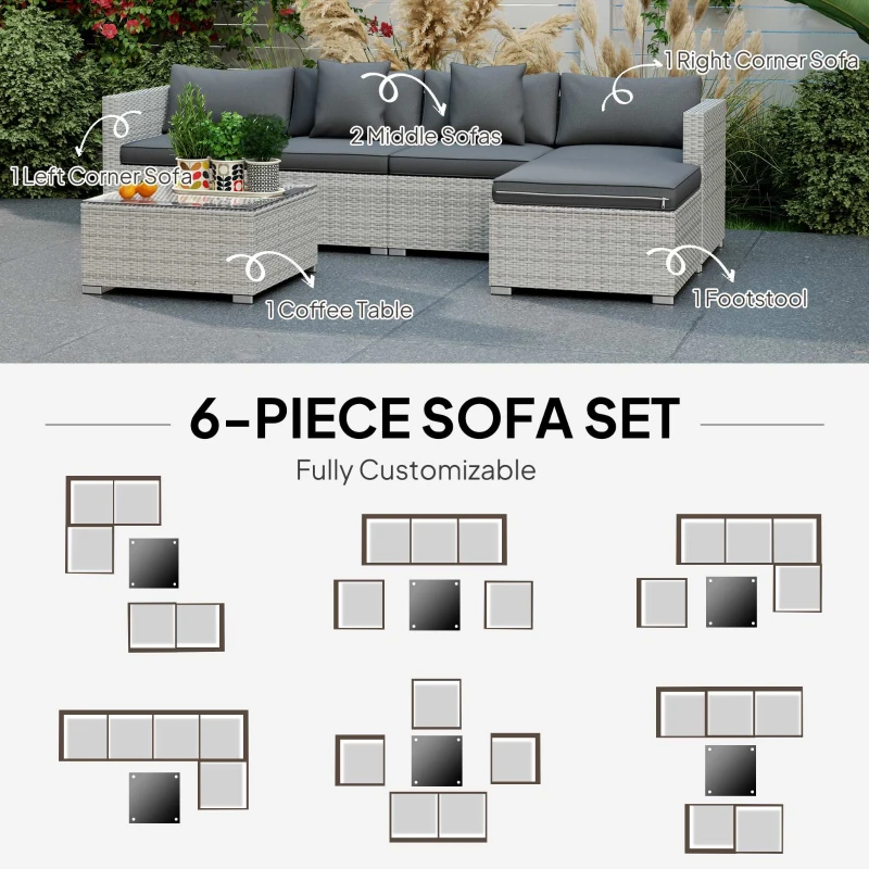 Outsunny 6 Pieces Rattan Corner Sofa Set - Mixed Grey