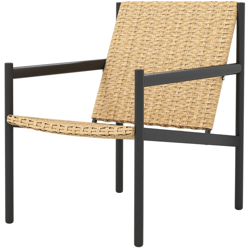 Outsunny Silla de Ratán de Jardín para Exterior con Reposabrazos Estructura de Acero y Respaldo Inclinado 74x61x81 cm Natural