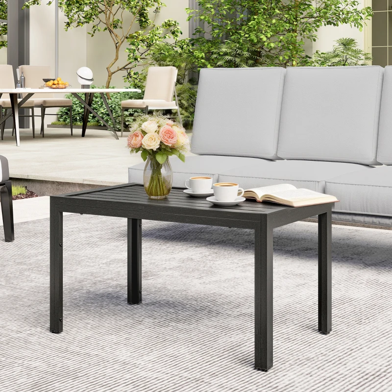 Outsunny Outdoor Side Table, Rectangular Patio Coffee Side Table with Steel Frame and Slat Tabletop for Garden, Balcony, Grey