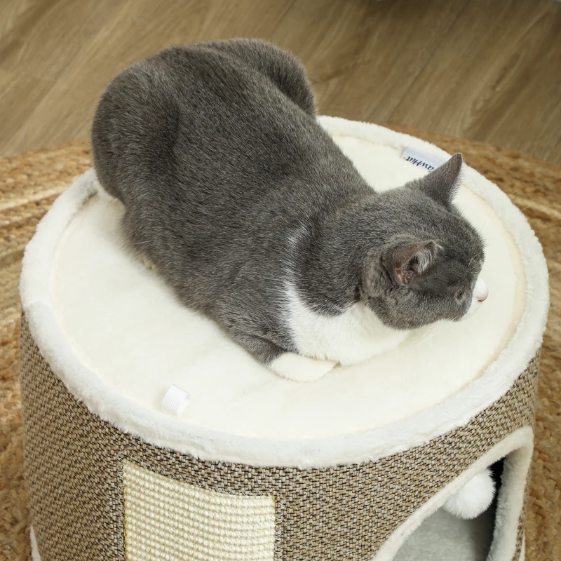 PawHut Tour griffer chat tonneau griffoir chat avec sisal pour gratter dessus en peluche coussins amovibles Ø 40 x 30 cm café