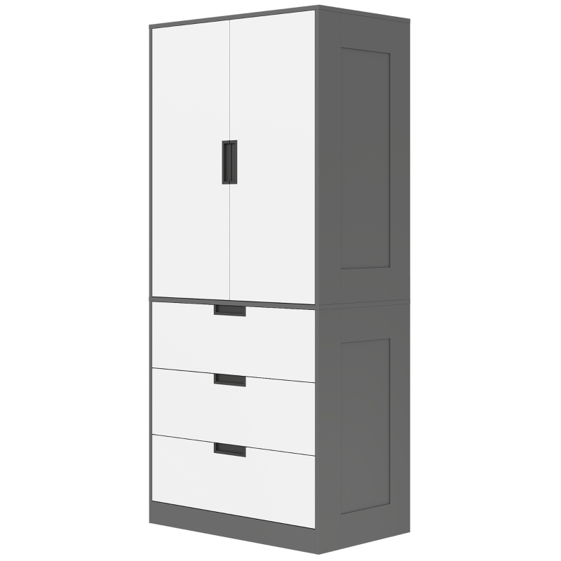 HOMCOM Modern Clothes Storage Cupboard Unit, 3 Drawer 2 Door Wardrobe with Hanging Rod, Grey