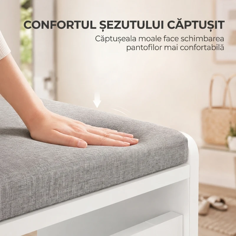 HOMCOM Bancă pantofar cu compartiment rabatabil, 60x30x52 cm, alb