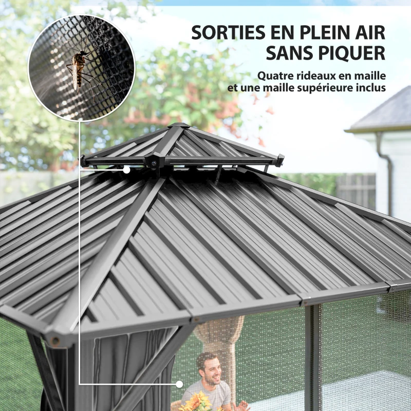 Outsunny Pavillon 3 x 3 m à toit rigide avec cadre en aluminium et toit double en acier galvanisé, gris foncé