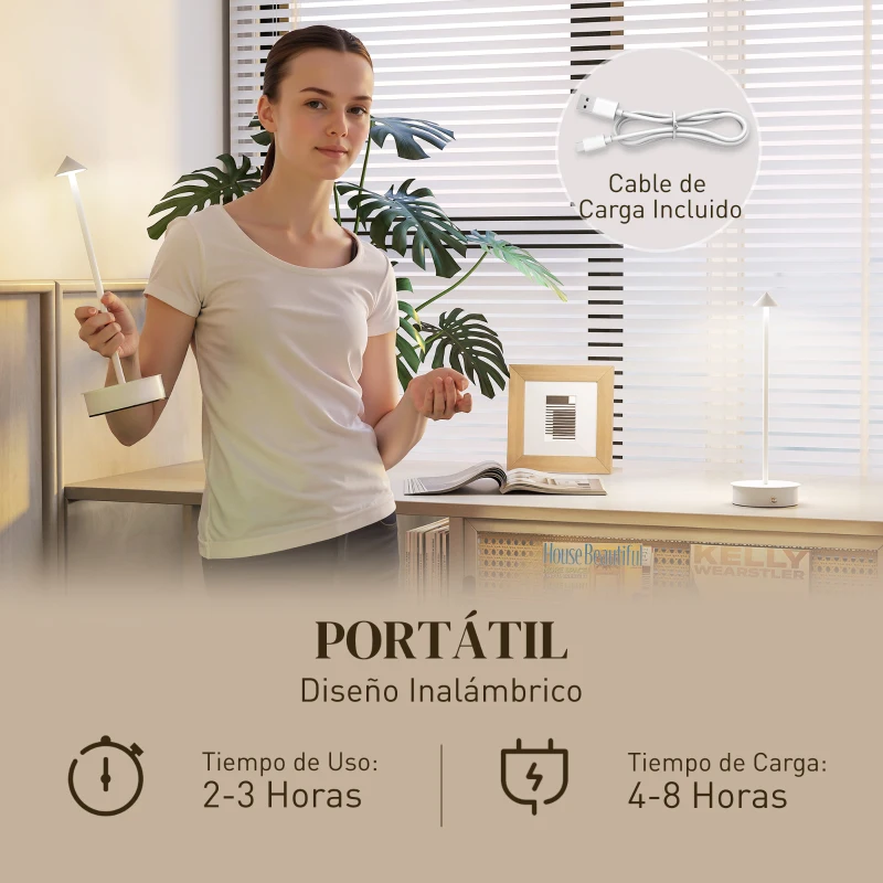 HOMCOM Juego de 2 Lámparas de Mesa LED Recargables con USB y Control Táctil y Luz Regulable Ø10x30 cm Blanco
