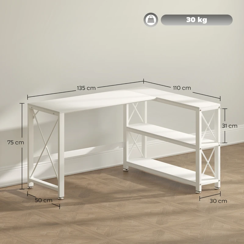 HOMCOM Bureau d'angle modulable réversible, bureau avec rangement, étagère de rangement, cadre en métal, 135x110x75cm, blanc