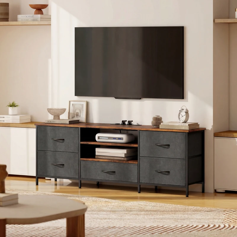 HOMCOM Meuble TV 140 cm, meuble télé 65 pouces, station de charge, 5 tiroirs en tissu, étagères ouvertes, 140x30x50cm, marron