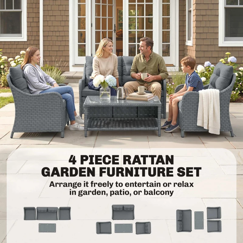 Outsunny 4-Piece Wicker Patio Furniture Set with 2 Armchairs, Loveseat, Glass Coffee Table, Conversation Sofa Set, Dark Grey