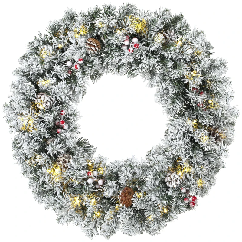 HOMCOM Schneebesetzte Weihnachtsgirlande 60 cm mit LED-Lichtern, Tartan-Schleife, Zweige, Zapfen, Beeren, Grün