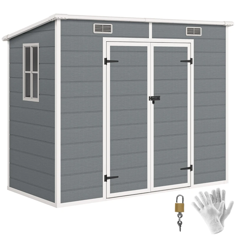 Outsunny 2,4 x 1,3 m Gartenschuppen, Kunststoff-Gartenhaus mit Boden, Fenster, verschließbare Türen, für Garten, Terrasse, Grau(m-12)