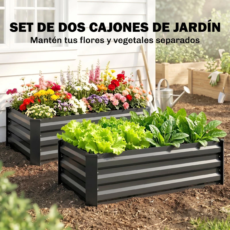 Outsunny Set de 2 Jardineras de Exterior de Acero Rectangulares para Cultivos Plantas Flores para Patio 100x60x30 cm Gris Oscuro