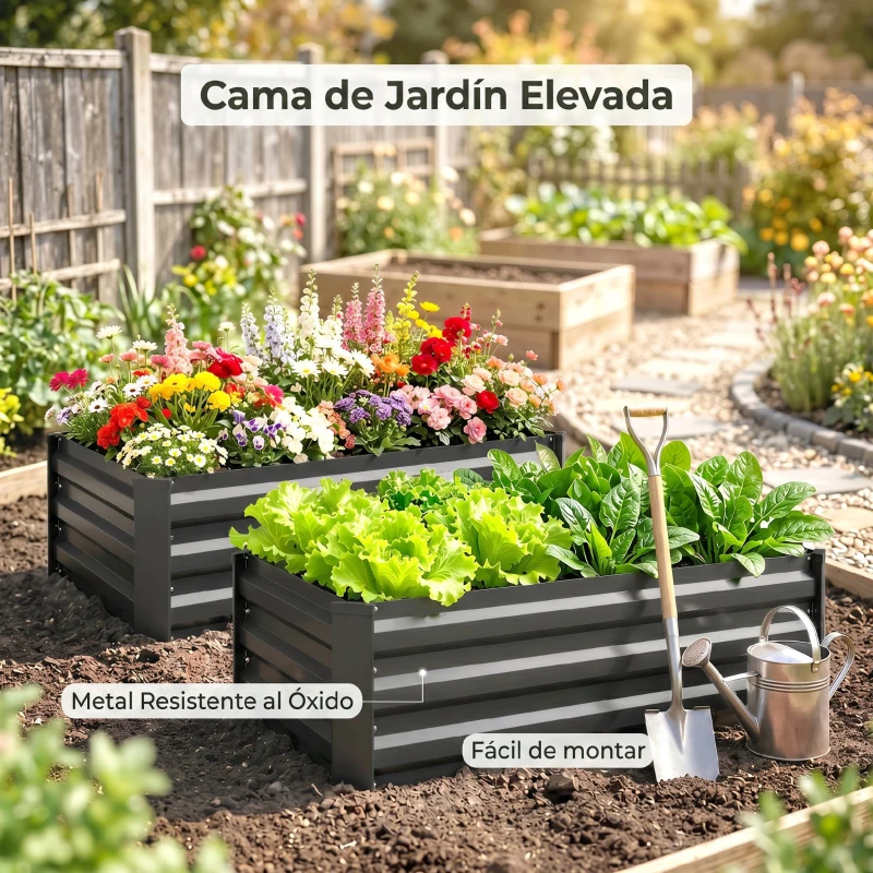Outsunny Set de 2 Jardineras de Exterior de Acero Rectangulares para Cultivos Plantas Flores para Patio 100x60x30 cm Gris Oscuro