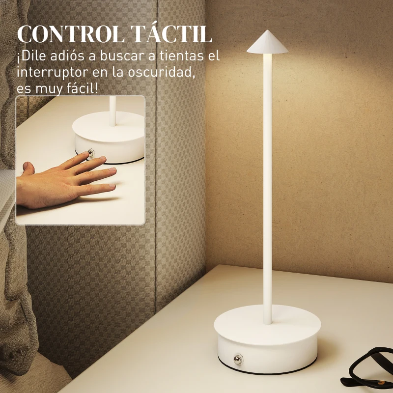 HOMCOM Juego de 2 Lámparas de Mesa LED Recargables con USB y Control Táctil y Luz Regulable Ø10x30 cm Blanco