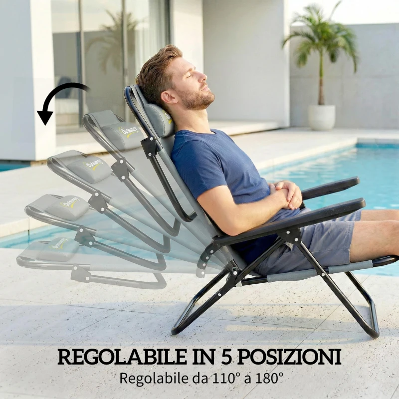 Outsunny Set di 2 Sedie Campeggio Portatili, Spiaggia Pieghevoli, Schienale Regolabile, Grigio Chiaro.