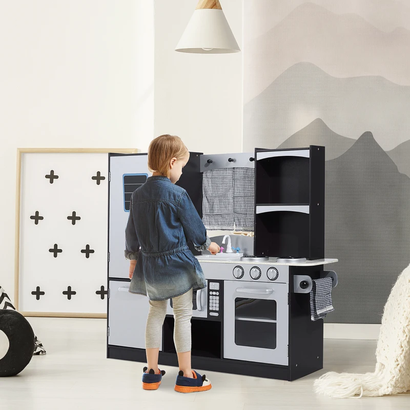 HOMCOM Cuisine pour enfants en bois dinette jeu d'imitation éducatif complet nombreux accessoires & rangements inclus MDF pin 105 x 32 x 95 cm argenté et noir