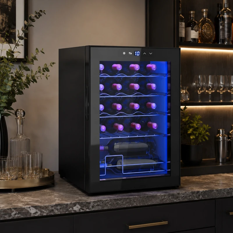 HOMCOM Kleiner Weinkühlschrank, Mini-Kühlschrank für 20 Flaschen, 53 Liter Kapazität, mit Glastür, LED-Beleuchtung, Schwarz(m-8)