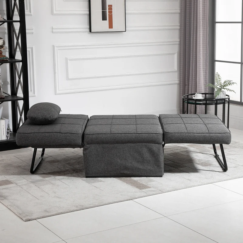 HOMCOM Chauffeuse 1 place 4 en 1 Fauteuil lit Convertible Pouf Dossier inclinable 5 Niveaux Repose-Pied Rabattable, Charge 200 Kg, châssis métal et Tissu Lin gris