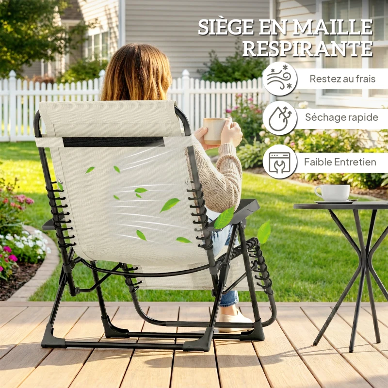 Outsunny Lot de 2 bain de soleil, chaise longue pliante inclinable avec appuie-tête en textilène, 90 x 65 x 112 cm, beige