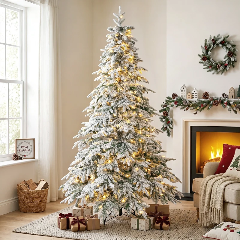 HOMCOM Verschneiter Weihnachtsbaum 210cm mit 450 warmweißen LEDs, Timer, Fernbedienung, 8 Modi, 1080 feuerhemmende Zweige