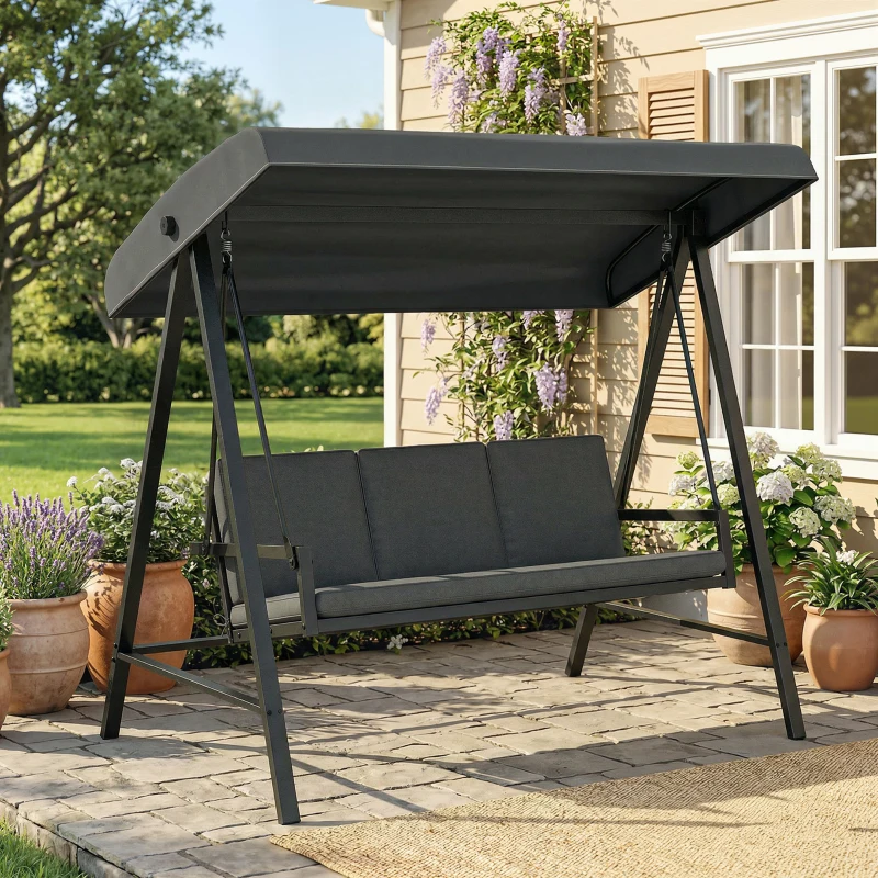 Outsunny Three-Seat Garden Swing Chair, with Adjustable Canopy - Dark Grey