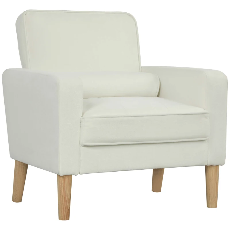HOMCOM Fauteuil de salon en velours, canapé 1 place rembourré avec assise large, pour chambre, salon, petit espace, crème
