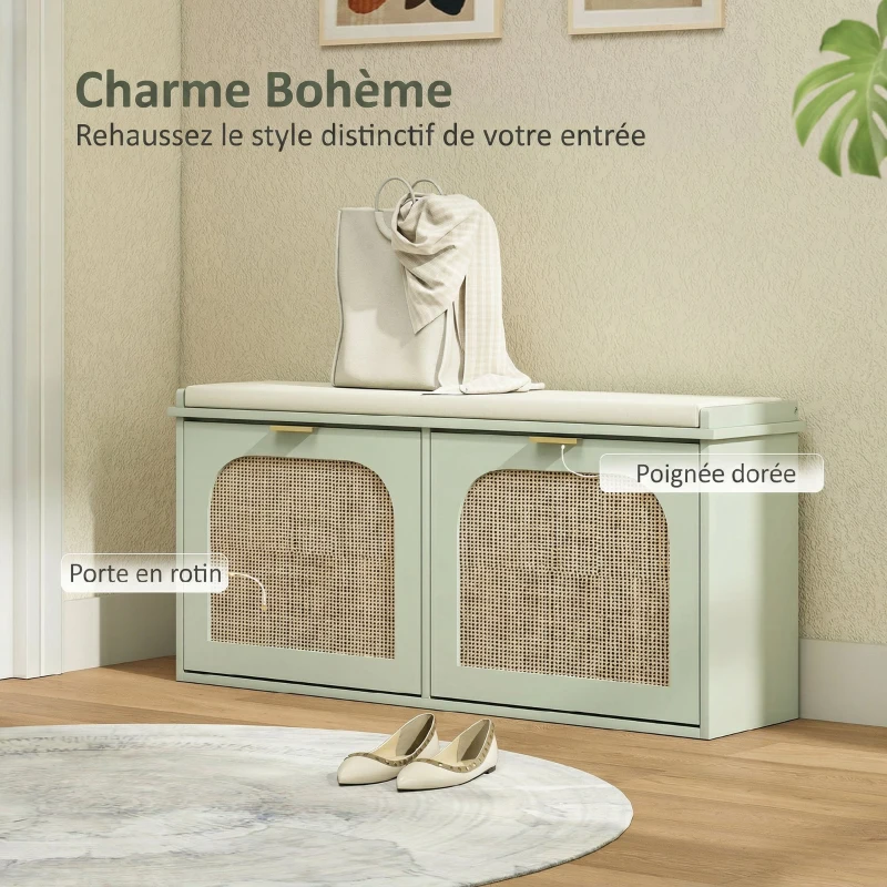 HOMCOM Banc à chaussures, banc de rangement, assise rembourrée, tiroirs rabattables, porte en rotin, 104 x 26 x 47,5 cm, vert