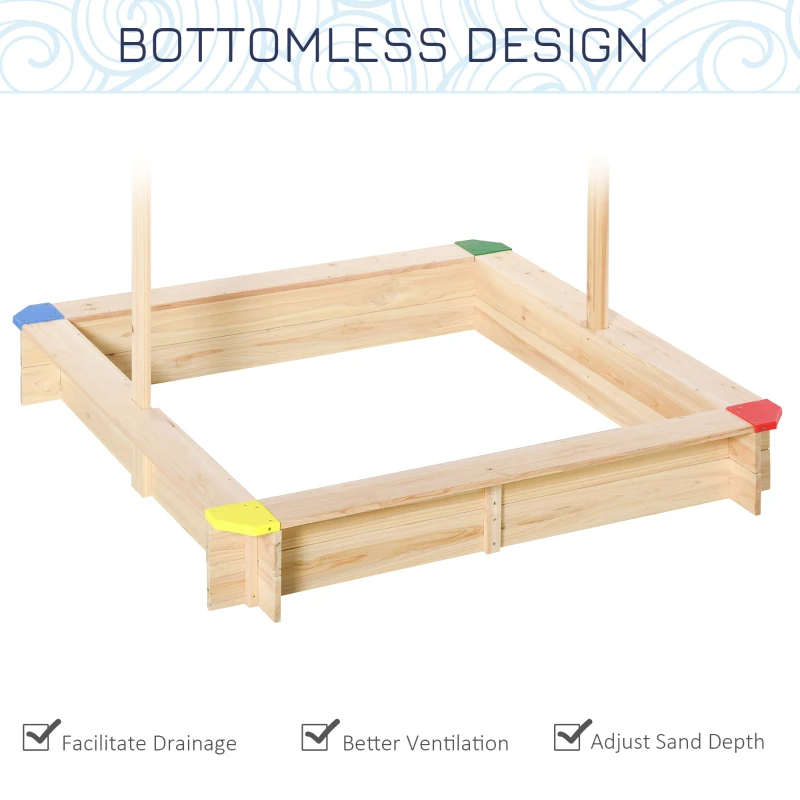 Outsunny Sandpit, Kids Wooden Sandbox with Adjustable Canopy, Bench Seats & Protective Corners for 3-6 Years Boys Girls, 120x120x120cm