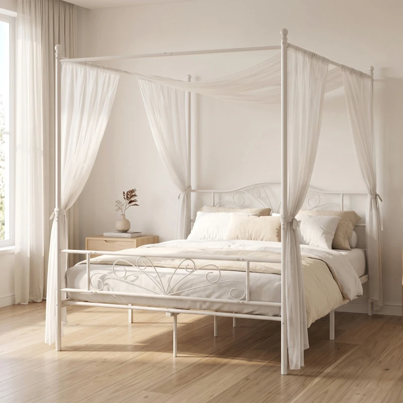 HOMCOM Canopy Bed Frame Double Size, Metal Platform Bed Frame with Headboard and Footboard, Underbed Storage, White