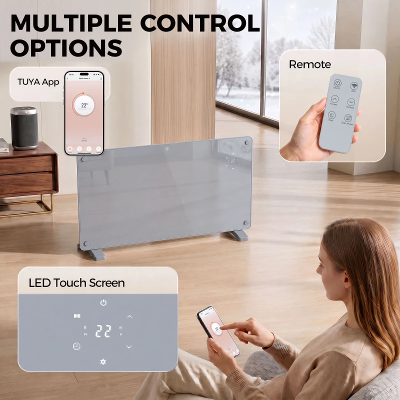 HOMCOM 1500W Smart Panel Heater Wall Mounted & Freestanding, Electric Heater with Weekly Timer, Open Window & Anti-Frost, Grey