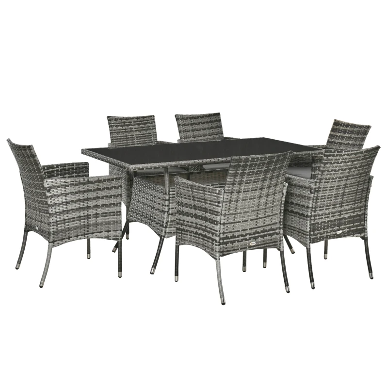 Outsunny Ensemble Salon de Jardin 6 Personnes - Grande Table rectangulaire, 6 fauteuils - 6 Coussins d'assise déhoussables Inclus - métal époxy Verre trempé 5 mm résine tressée Grise