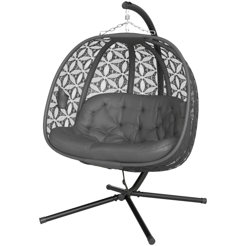 Outsunny Outdoor Double Hanging Chair with Cushion and Cup Holders, Charcoal Grey