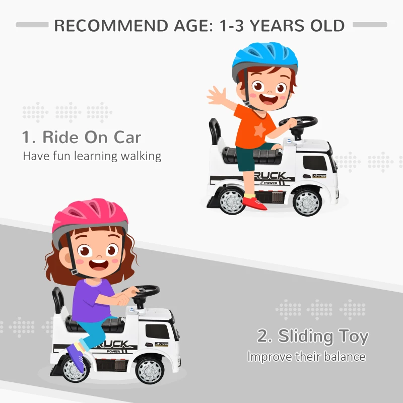 HOMCOM 3-in-1 Ride On Car Foot To Floor Slider Toddler w/ Horn Steering Wheel NO POWER Manual Under Seat Storage Secure Design for 1-3 Year Old White