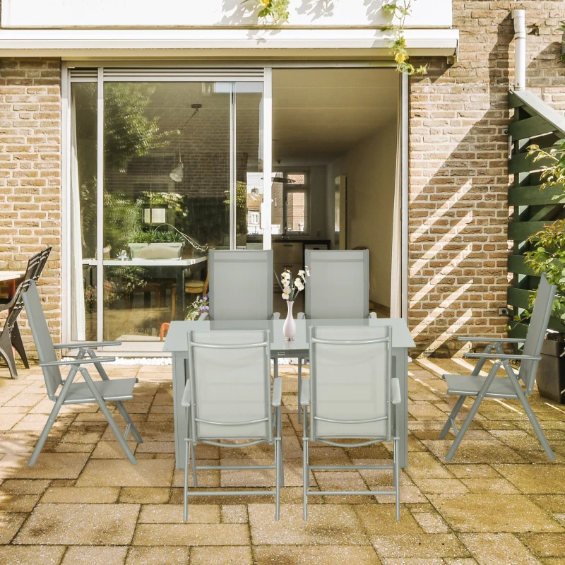 Outsunny 7 Piece Garden Dining Set, Outdoor Table and 6 Folding and Reclining Chairs, Aluminium Frame, Tempered Glass Top Table, Texteline Seats, Grey