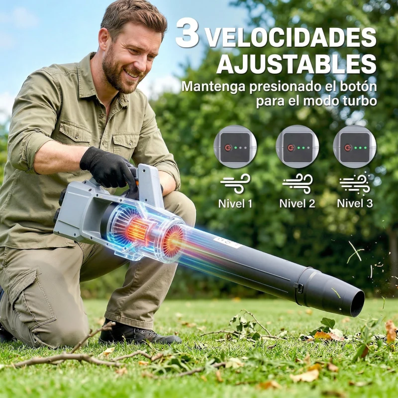 Outsunny Soplador de Hojas Sin Cable 36V con 2 Baterías de 4.0Ah y Cargador Motor sin Escobillas 1000W 3 Velocidades Gris Claro
