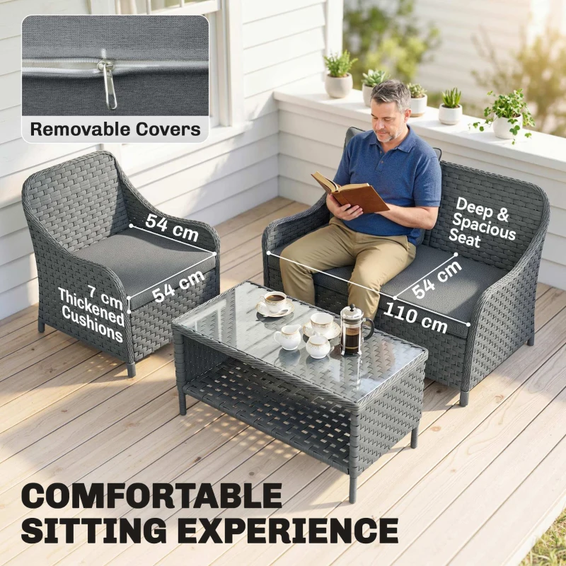 Outsunny 4-Piece Wicker Patio Furniture Set with 2 Armchairs, Loveseat, Glass Coffee Table, Conversation Sofa Set, Dark Grey