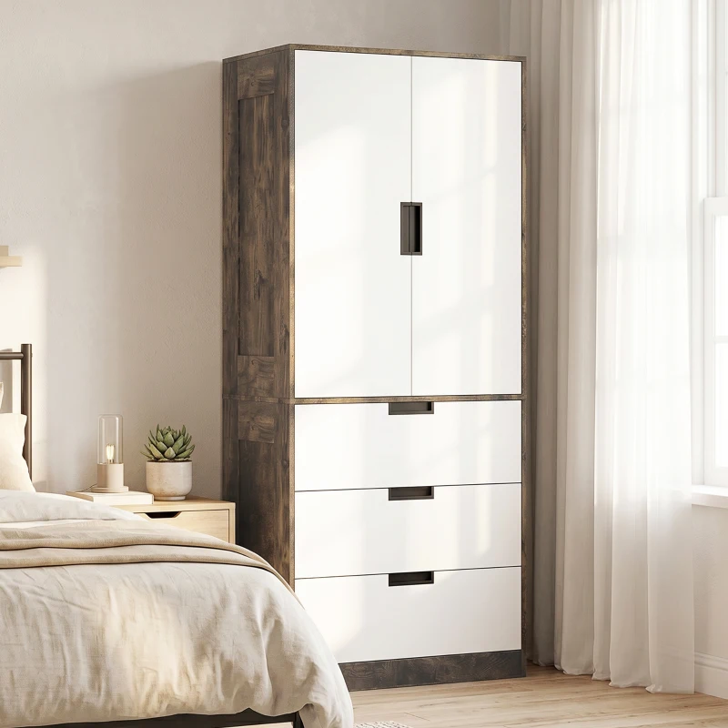 HOMCOM Modern Clothes Storage Cupboard Unit, 3 Drawer 2 Door Wardrobe with Hanging Rod, Rustic Brown