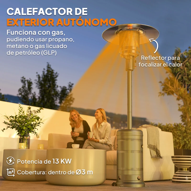 Outsunny Estufa de Gas Butano Portátil 13000W con Sistema Antivuelco Encendido Piezoeléctrico y Ruedas 82x82x222 cm Gris