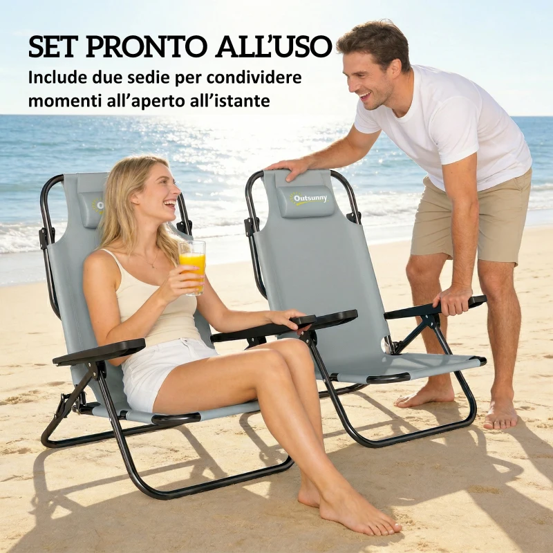Outsunny Set di 2 Sedie Campeggio Portatili, Spiaggia Pieghevoli, Schienale Regolabile, Grigio Chiaro.